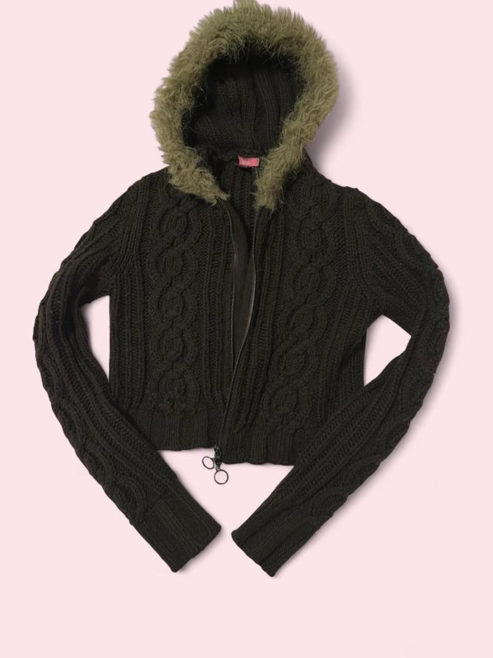 lola Olive Green Cable Knit Hooded Zip Jacket